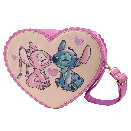 Heart-shaped bag with cartoon characters on a pink background