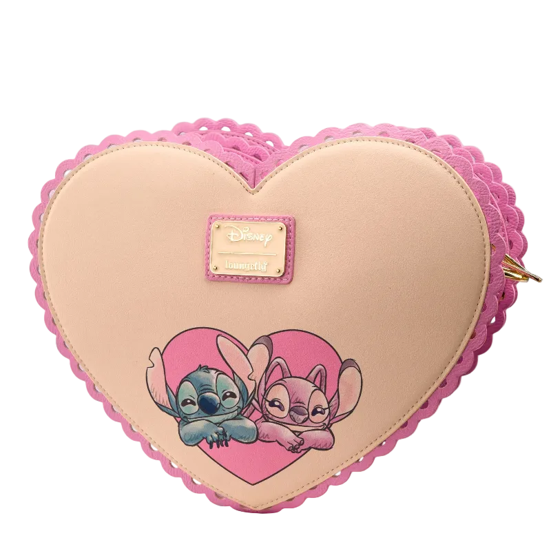 Heart-shaped bag with cartoon characters on a pink background