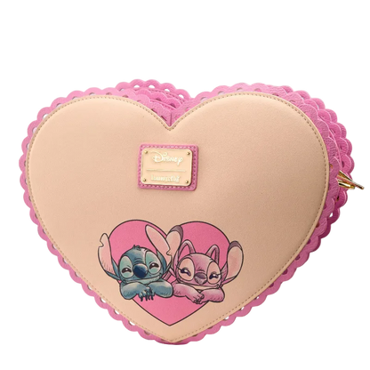 Heart-shaped bag with cartoon characters on a pink background
