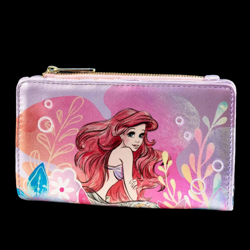 Mermaid-themed wallet with colorful design on a light purple background