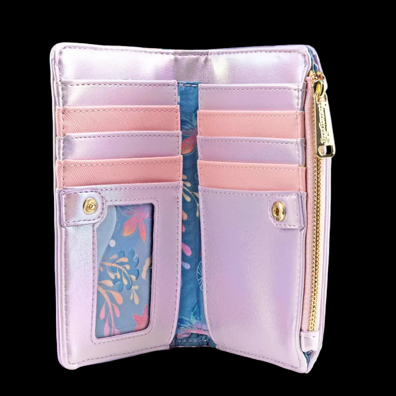 Pink wallet with floral card holder on a light purple background