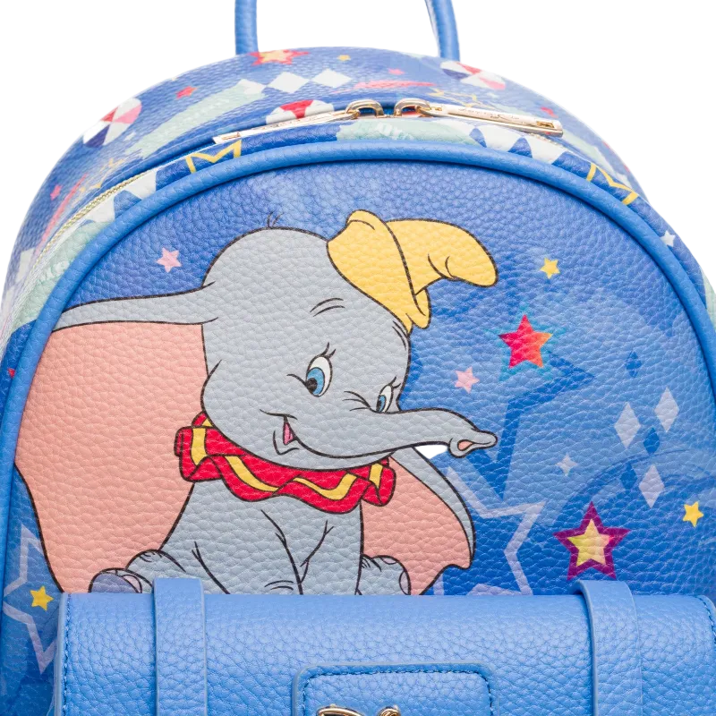 Blue backpack with Dumbo the elephant design on a white background