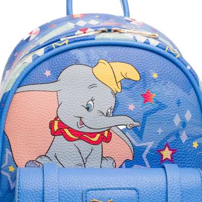 Blue backpack with Dumbo the elephant design on a white background