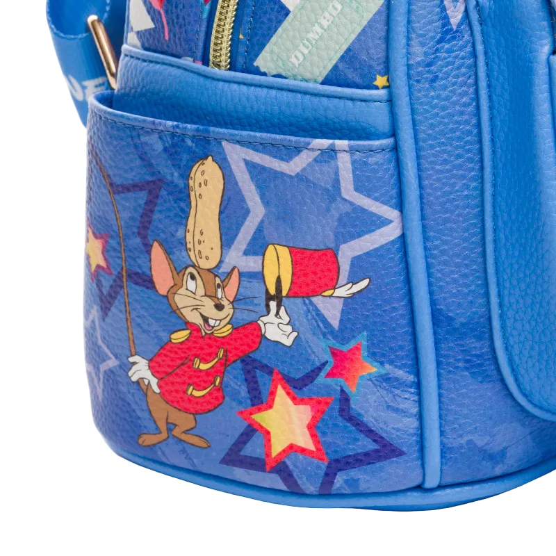 Blue backpack with cartoon character and star design on a white background