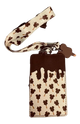 A chocolate-drip style phone pouch with a matching wrist strap, featuring a cream background with brown Mickey Mouse head and Mickey Mouse ice cream cone patterns, and a solid dark brown top section.