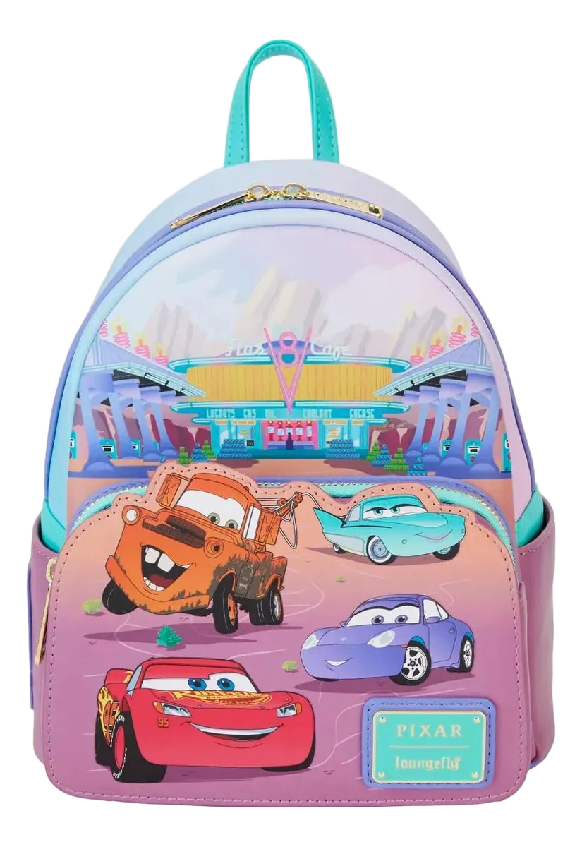 A Disney Pixar Cars themed mini backpack featuring Lightning McQueen, Mater, Sally, and Carl on a pink and purple gradient front, with a multicolor stadium scene on the upper back panel and turquoise straps, shown on a plain white background.