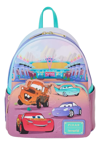 A Disney Pixar Cars themed mini backpack featuring Lightning McQueen, Mater, Sally, and Carl on a pink and purple gradient front, with a multicolor stadium scene on the upper back panel and turquoise straps, shown on a plain white background.