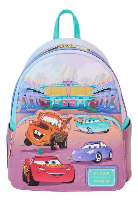 A Disney Pixar Cars themed mini backpack featuring Lightning McQueen, Mater, Sally, and Carl on a pink and purple gradient front, with a multicolor stadium scene on the upper back panel and turquoise straps, shown on a plain white background.