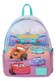 A Disney Pixar Cars themed mini backpack featuring Lightning McQueen, Mater, Sally, and Carl on a pink and purple gradient front, with a multicolor stadium scene on the upper back panel and turquoise straps, shown on a plain white background.