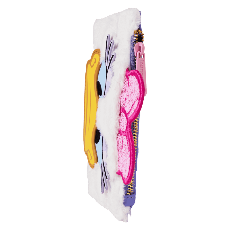 Colorful pouch with cartoon character design on a white background