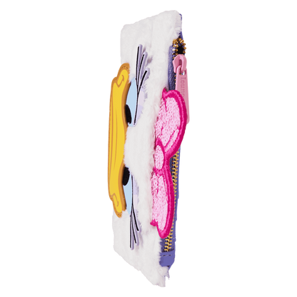 Colorful pouch with cartoon character design on a white background