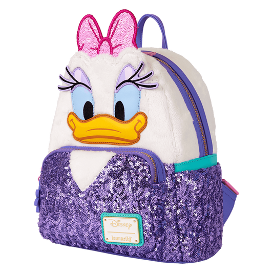 Backpack designed like a cartoon character with a purple sequined pocket on a white background