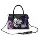 Black handbag with 'The Haunted Mansion' theme and chain strap on a white background