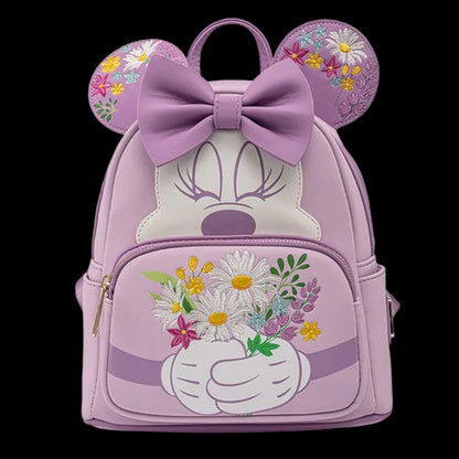 Purple backpack with floral design and bow, resembling a character from Disney.