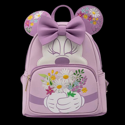 Purple backpack with floral design and bow, resembling a character from Disney.
