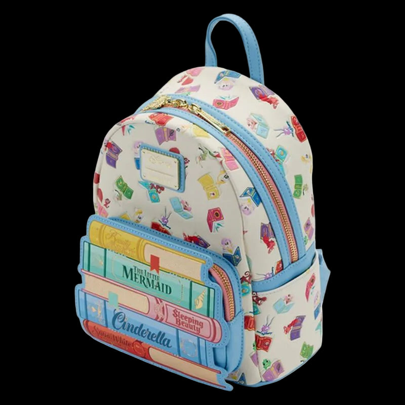 Backpack with book-themed design on a white background
