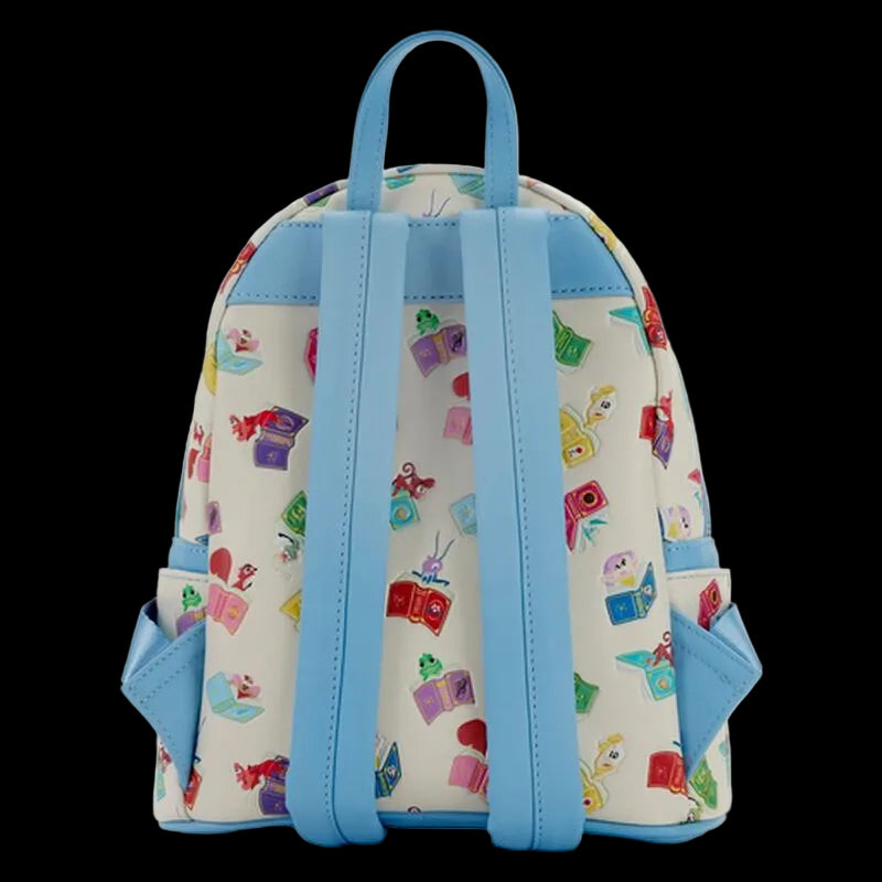Backpack with colorful pattern and blue straps on a white background