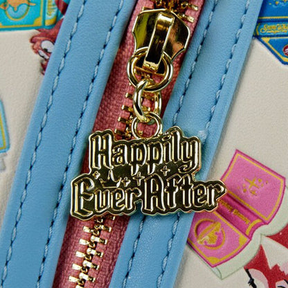 Gold 'Happily Ever After' charm on a blue zipper with Disney Princess background