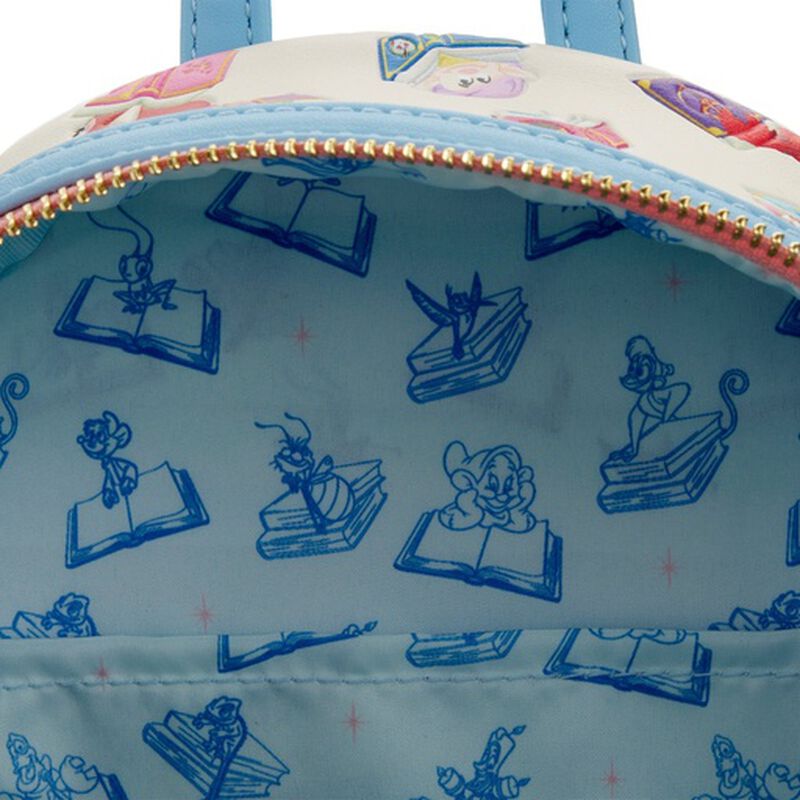 Close-up of a backpack with cartoon character illustrations on a blue background