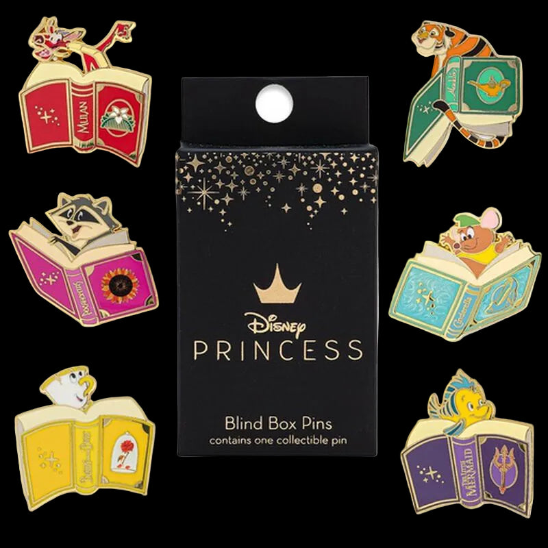 Disney Princess blind box pins set with six colorful collectible book-themed enamel pins arranged around a black branded box on a white background.