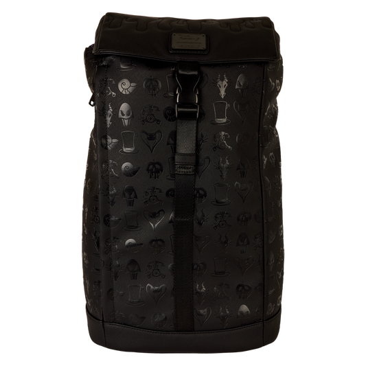 Black backpack with a pattern on a white background