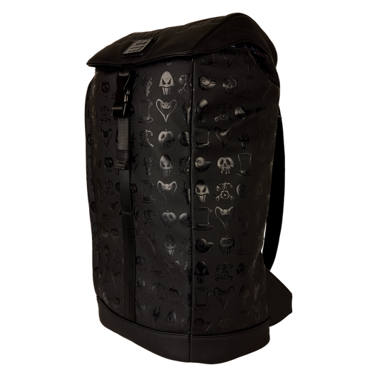 Black backpack with skull pattern on a white background