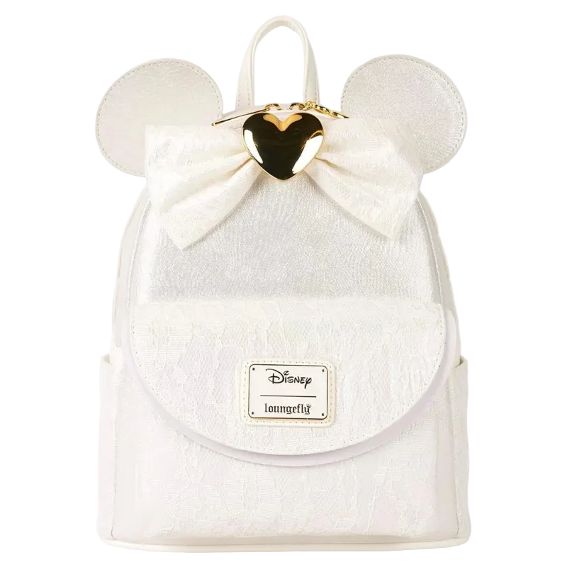 White backpack with mouse ears and a gold bow, featuring the Disney logo.