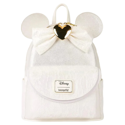White backpack with mouse ears and a gold bow, featuring the Disney logo.