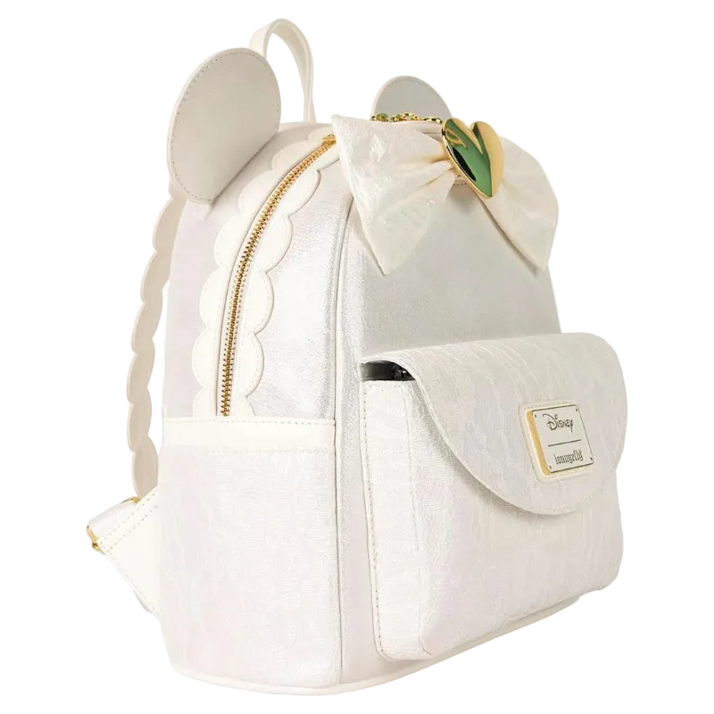 White backpack with mouse ears and bow on a white background
