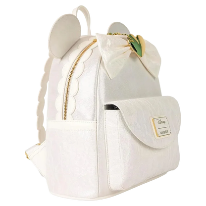 White backpack with mouse ears and bow on a white background