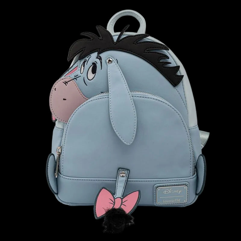 Backpack shaped like a cartoon donkey with a pink bow on a white background