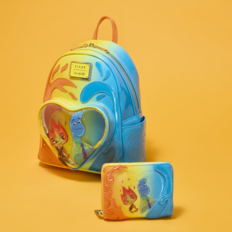 Backpack and wallet with Disney character design on a yellow background