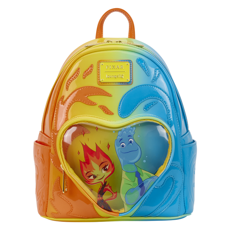 Colorful backpack with character designs on a white background