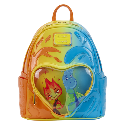 Colorful backpack with character designs on a white background
