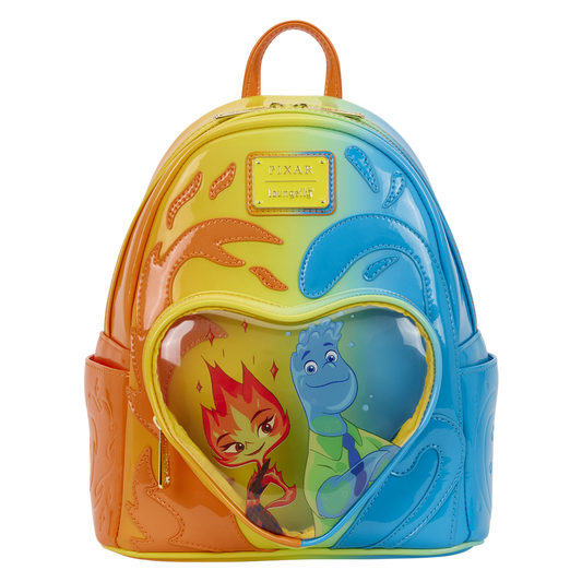 Colorful backpack with character designs on a white background