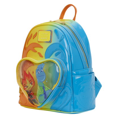 Colorful backpack with cartoon characters on a white background