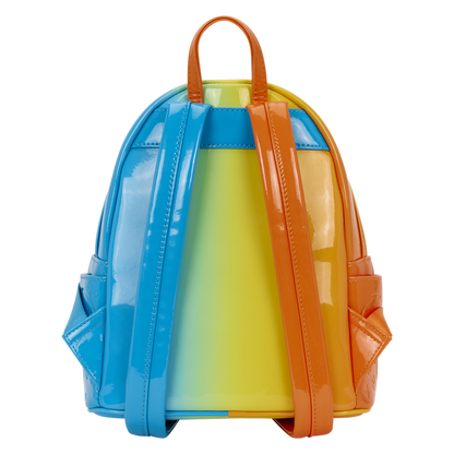 Colorful transparent backpack with blue, yellow, and orange sections on a white background