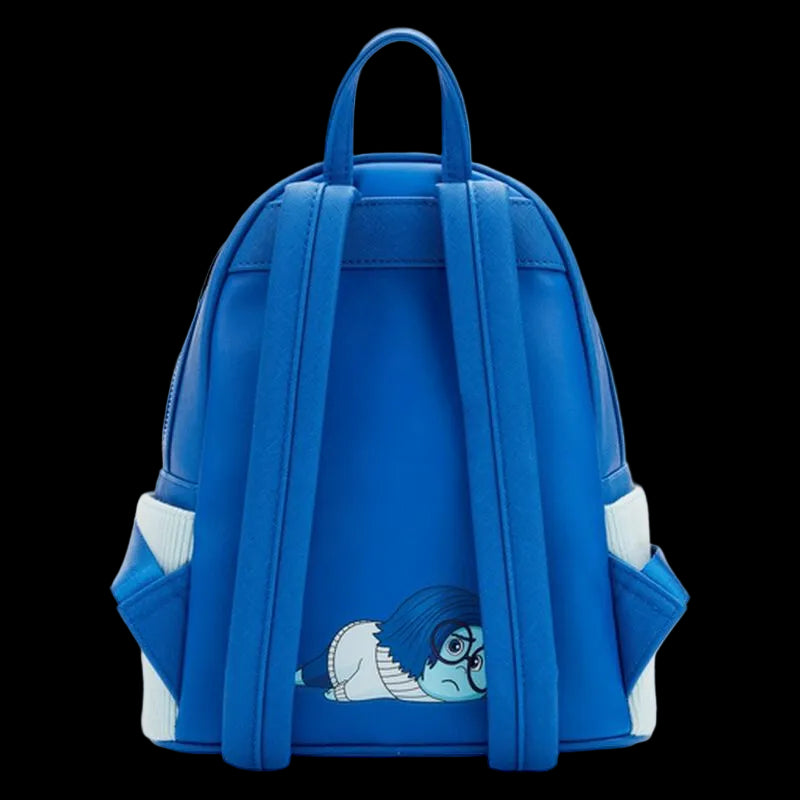 Blue backpack with a character design on a white background