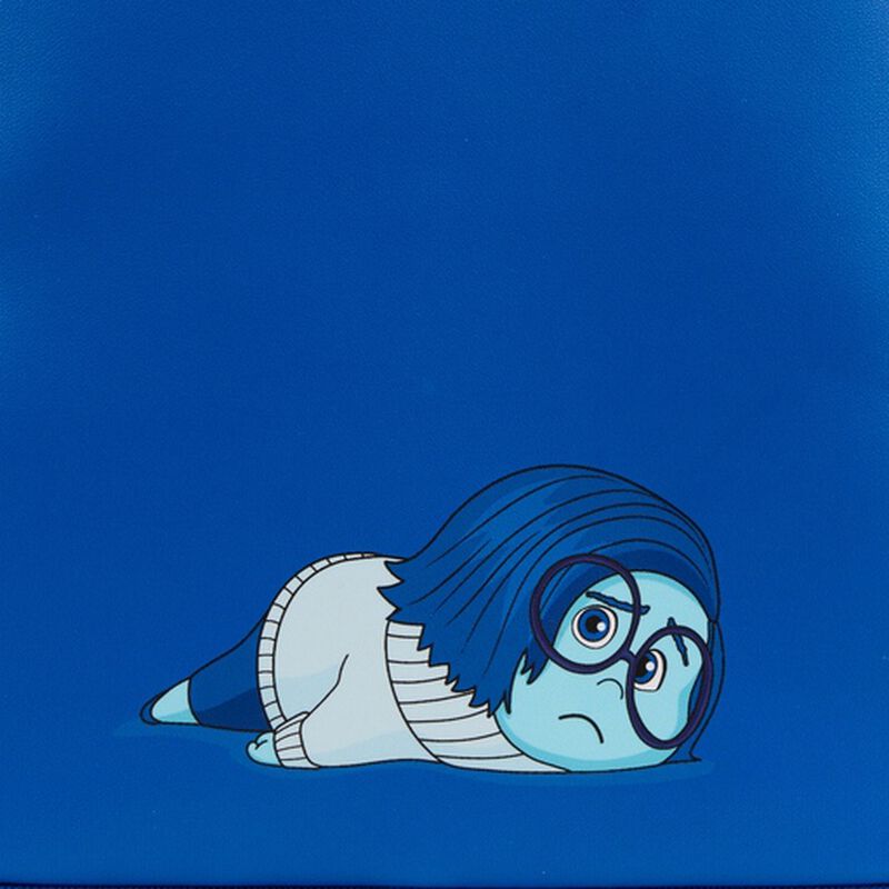 Cartoon character with blue hair and glasses on a blue background