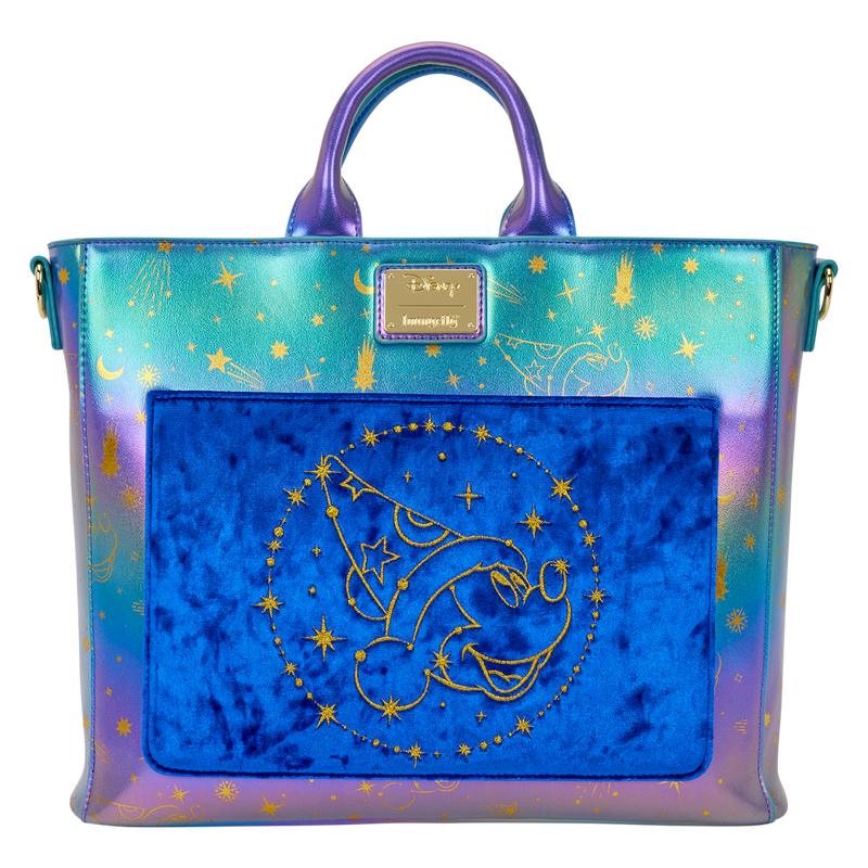 Colorful handbag with star and moon design on a white background