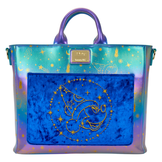 Colorful handbag with star and moon design on a white background