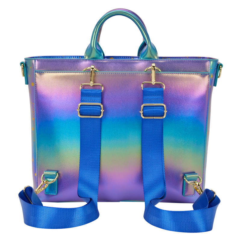 Iridescent handbag with blue straps on a white background