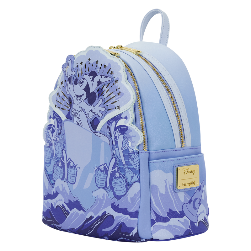 Light blue backpack with ocean-themed design and 'Beverly' brand label on a white background