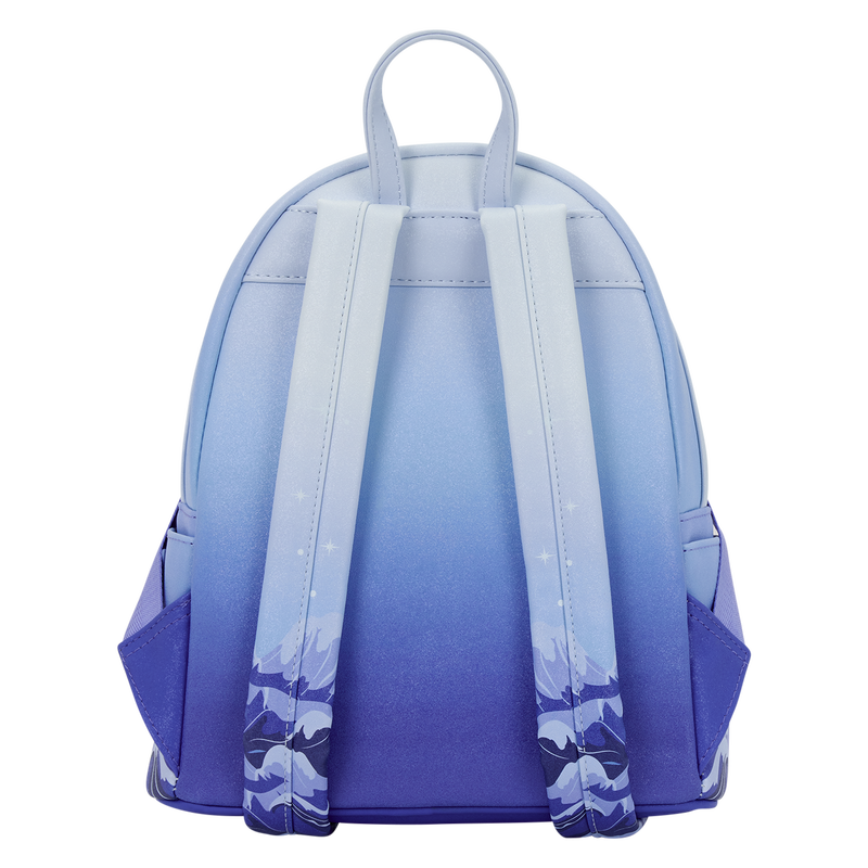 Blue and purple gradient backpack with a mountain design on a white background