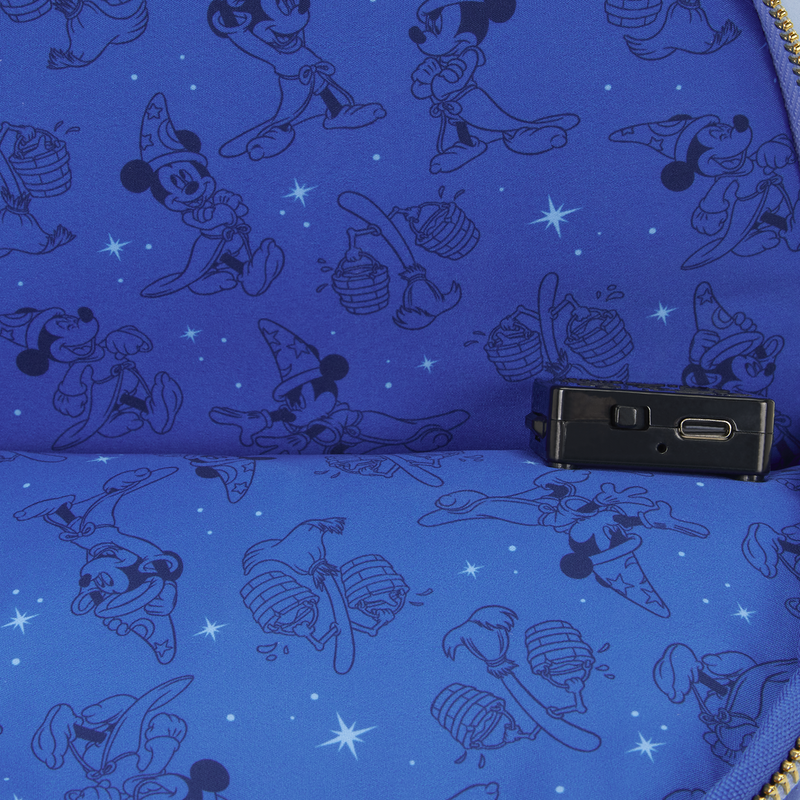 Blue fabric with black cartoon character pattern and a small black device on top.