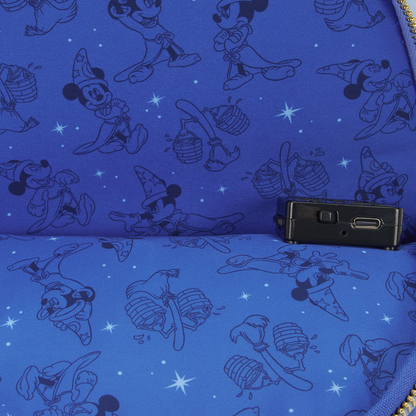 Blue fabric with black cartoon character pattern and a small black device on top.