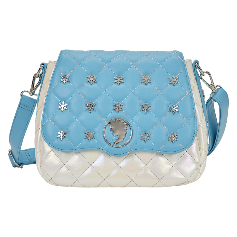 Blue and white quilted handbag with star-shaped embellishments on a white background