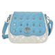 Blue and white quilted handbag with star-shaped embellishments on a white background