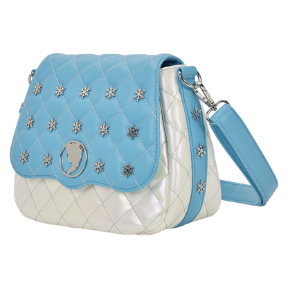 Blue and white quilted handbag with star-shaped embellishments on a white background