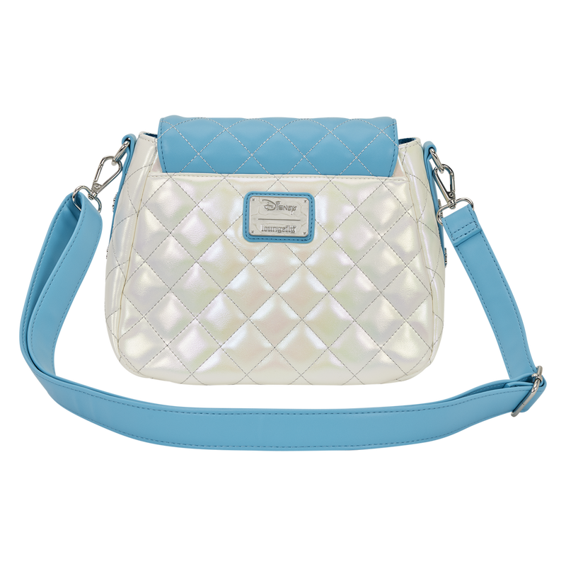 Quilted handbag with light blue top and strap on a white background